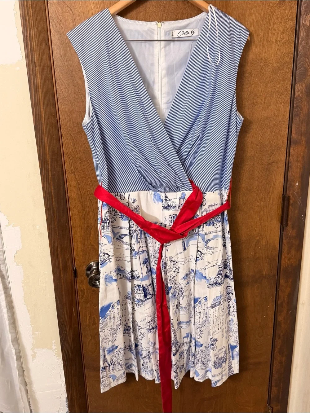 Chetta B Size 14 Blue/White Striped V-Neck A-Line Dress Red Tie Sash Zip